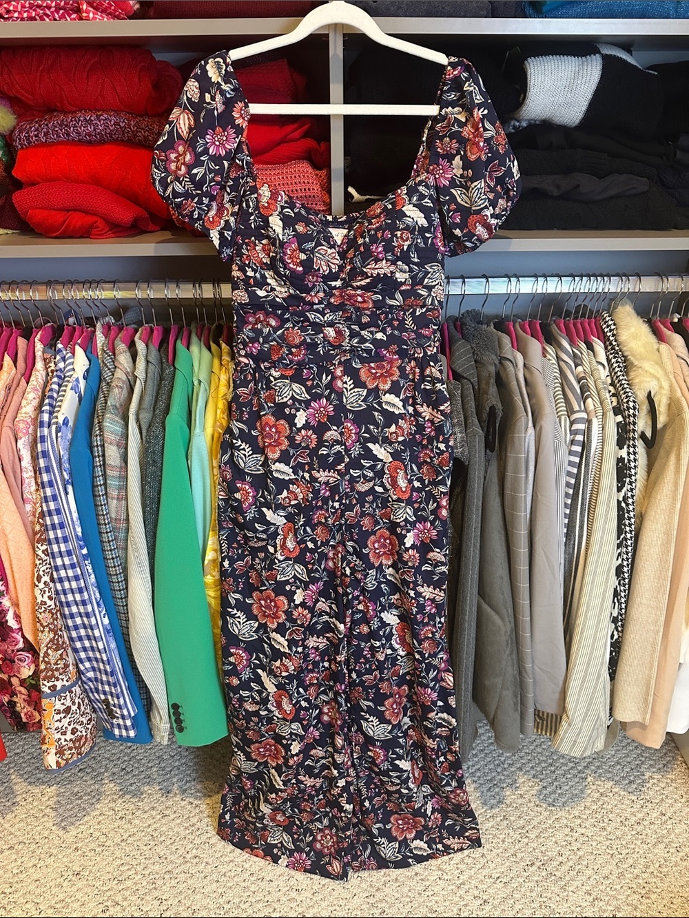 Band Of The Free navy/pink floral short sleeve smocked lined jumpsuit size S